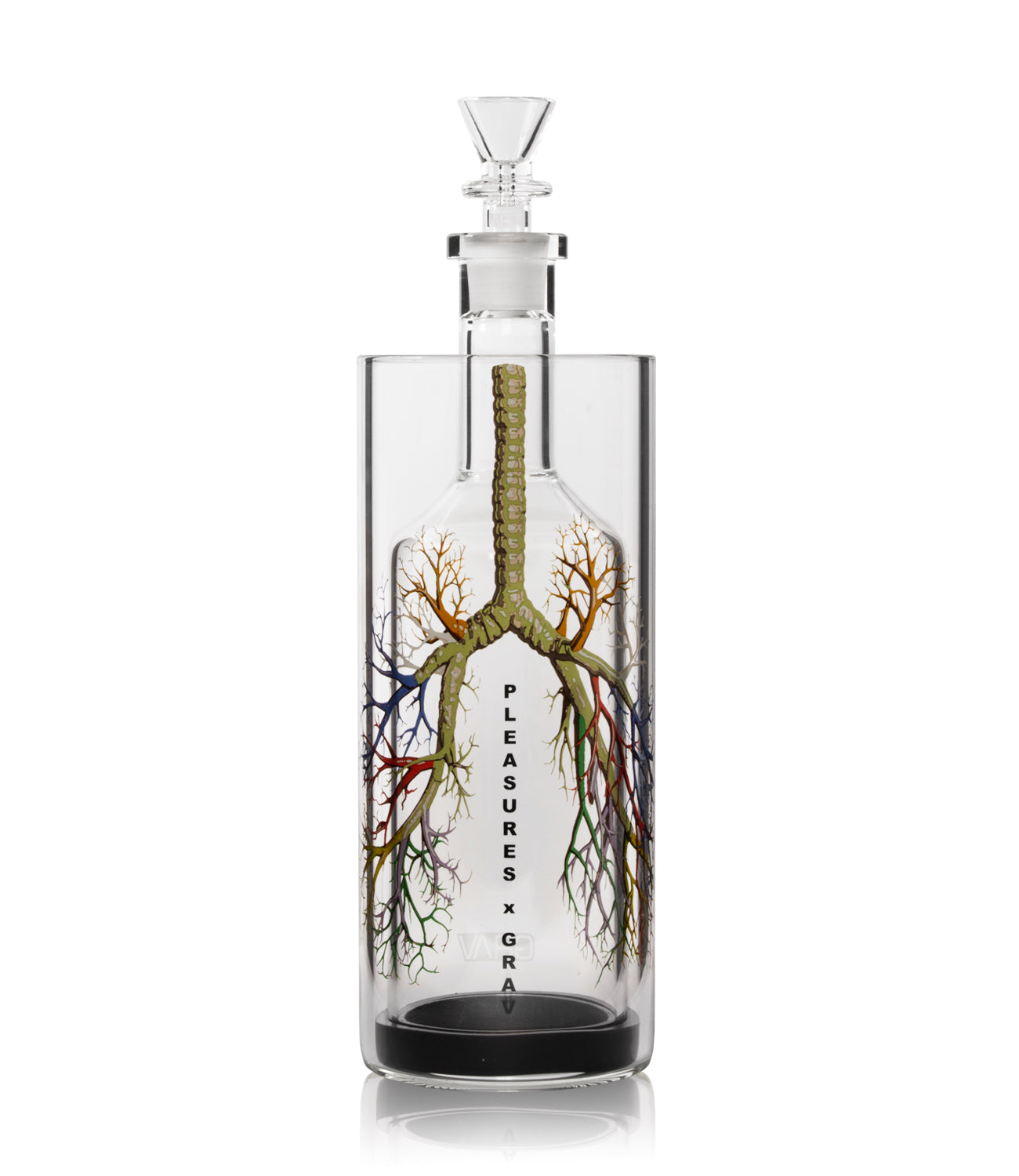The Breathe Again Pleasures x GRAV Gravitron® Gravity Bong with full-color anatomy illustration of lungs and Pleasures Logo.