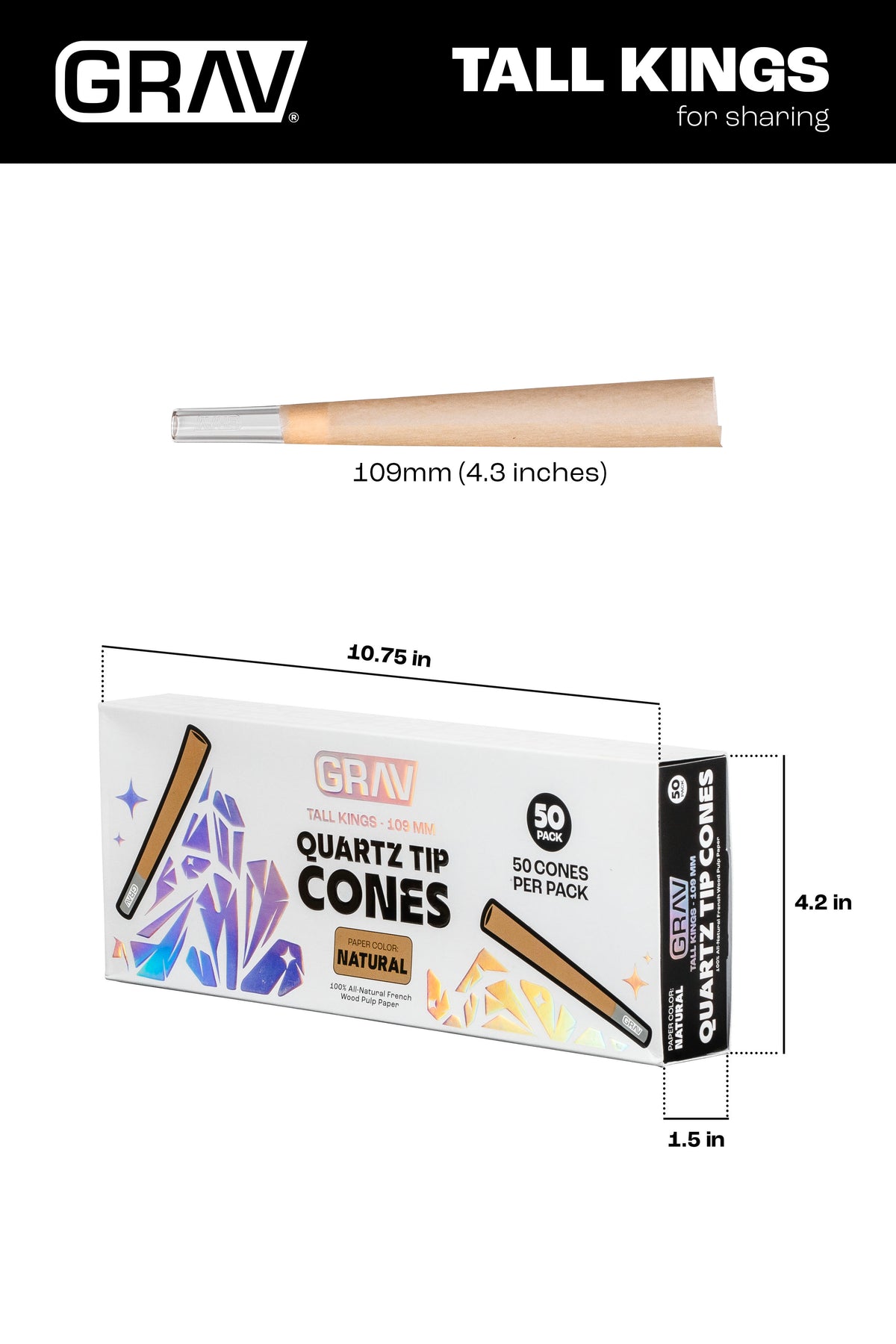 GRAV® Tall Kings Quartz Tip Cones, 50-piece Pack